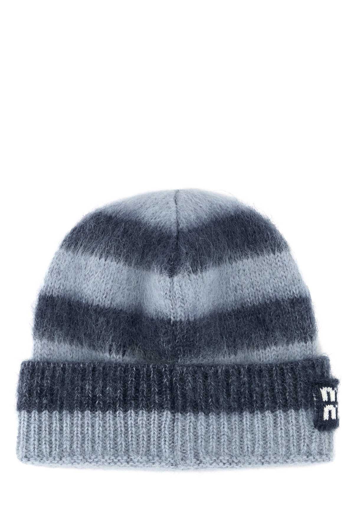 Miu Miu Striped Mohair Blend Beanie With Ribbed Cuff In Blue