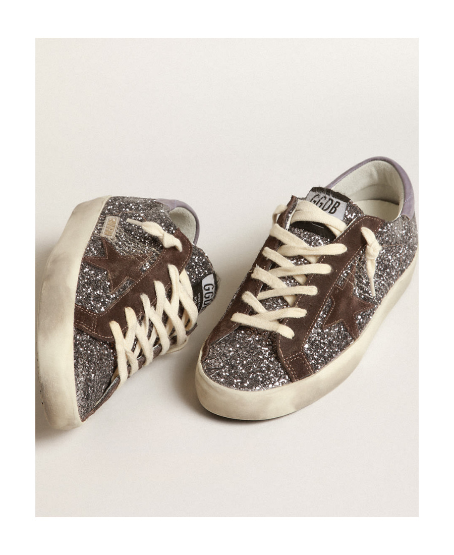 Golden Goose Super-star In Glitter With A Brown Star And Lilac Heel Tab