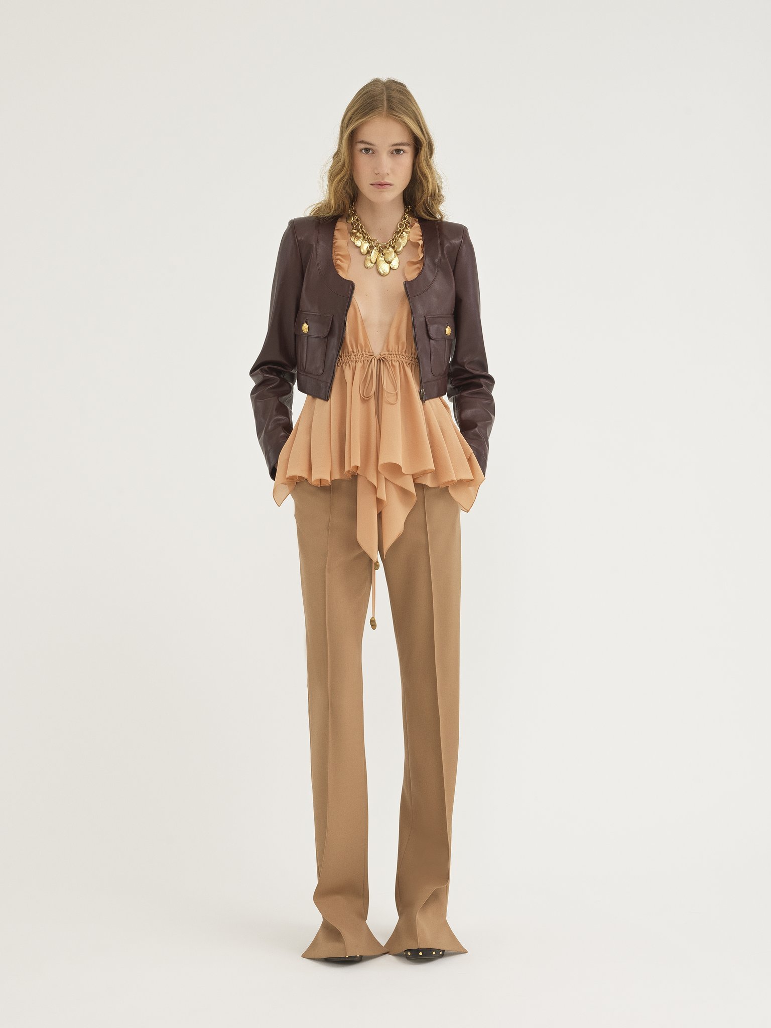 Chloé Bordeaux Cropped Jacket With U Neck In Leather Woman In Brown