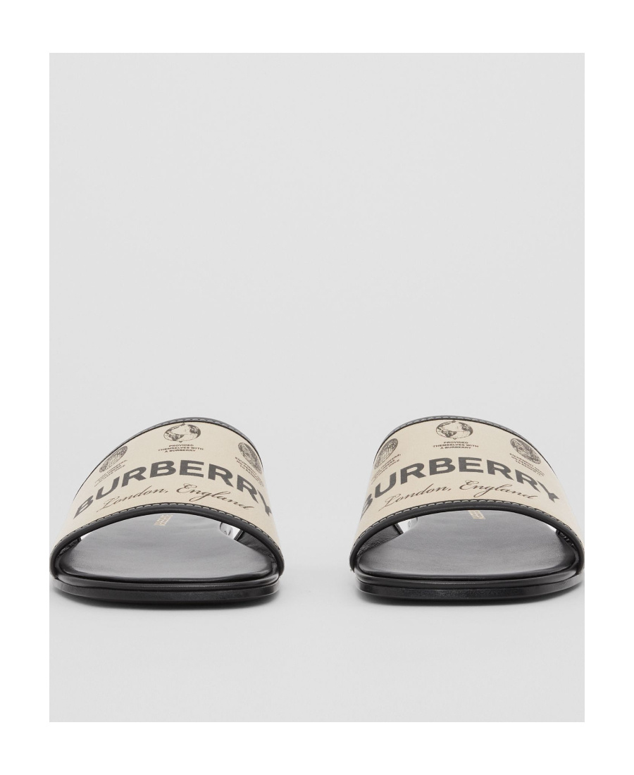 【BURBERRY】GABARDINE AND LEATHER SLIDES Burberry Label Print Gabardine and Leather Slides | REVERSIBLE