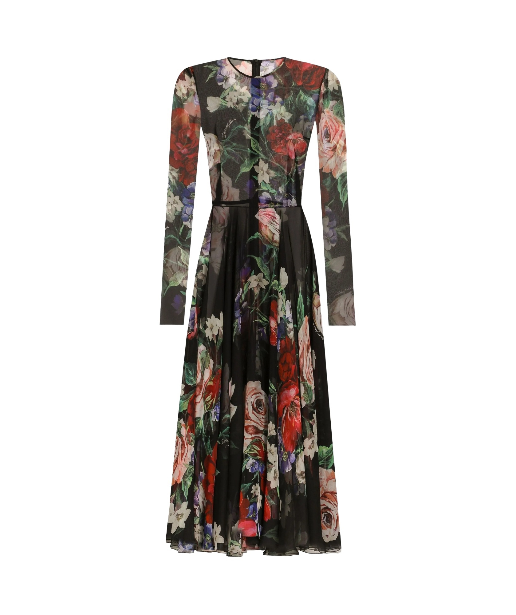 Dolce & Gabbana Floral-print Chiffon Calf-length Dress With Circle Skirt In Black