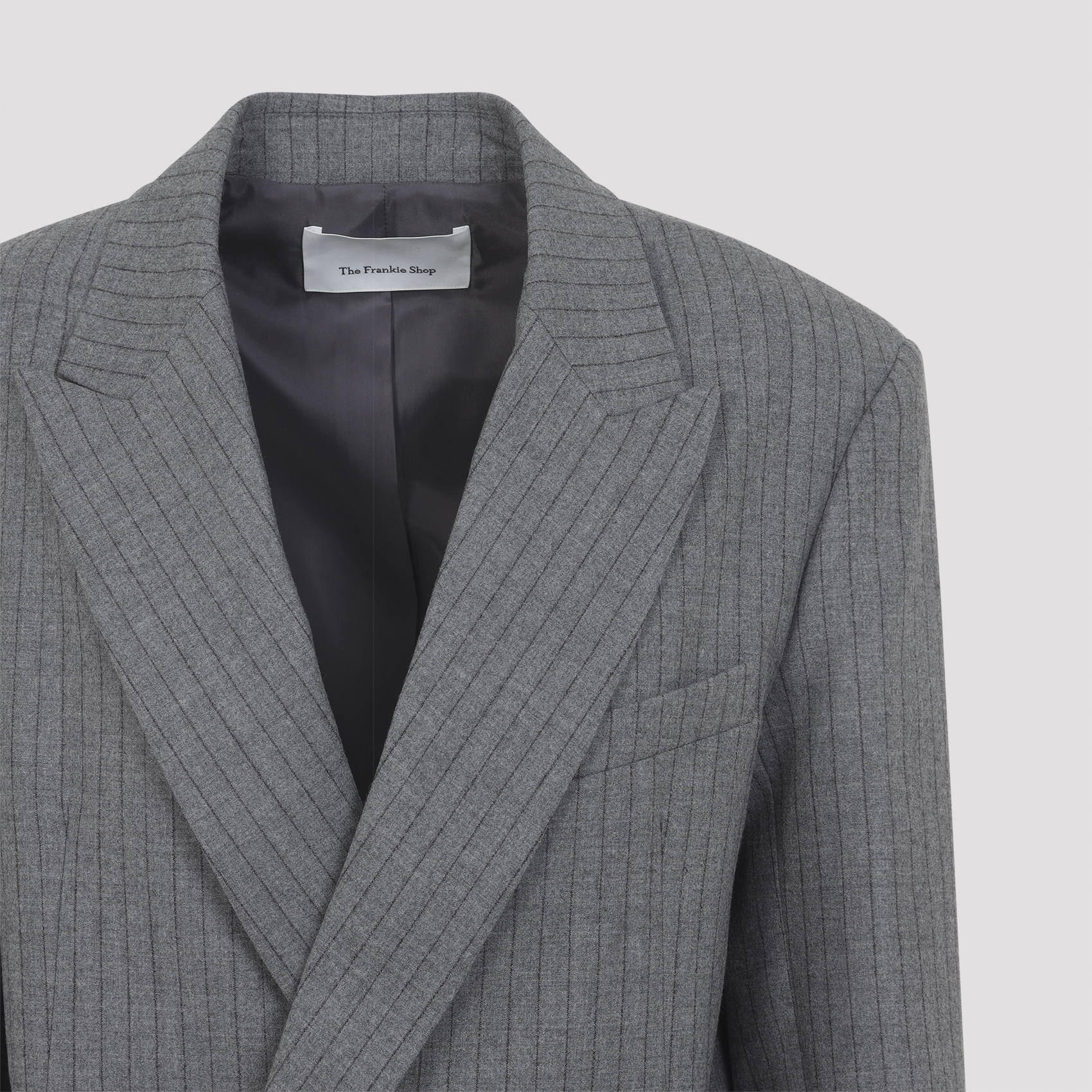 The Frankie Shop Double-breasted Pinstripe Blazer With Wide Lapels In Gray
