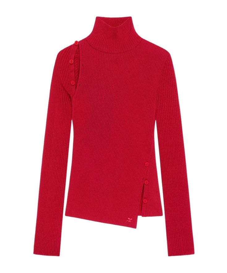 Courrèges Button-embellished Ribbed Turtleneck Sweater In Red