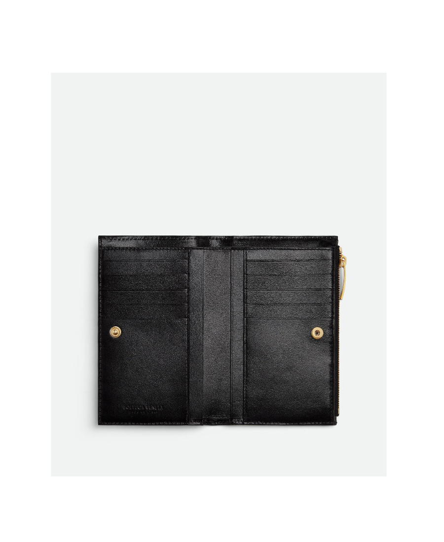 Bottega Veneta Medium Double Fold Braided Zipper Wallet In Black