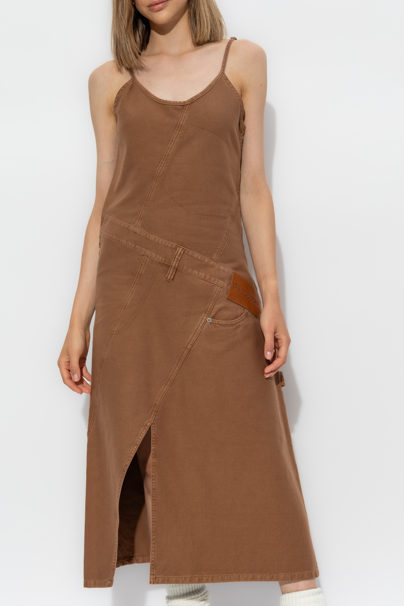 Jw Anderson Logo-appliqué Midi Dress In Brown