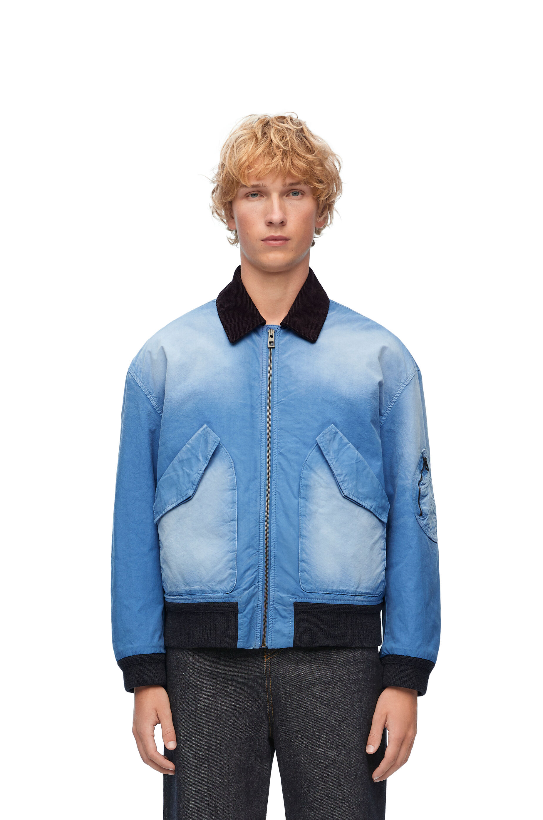 Loewe Blue Washed Effect Zipped Cotton Bomber Jacket In Blue