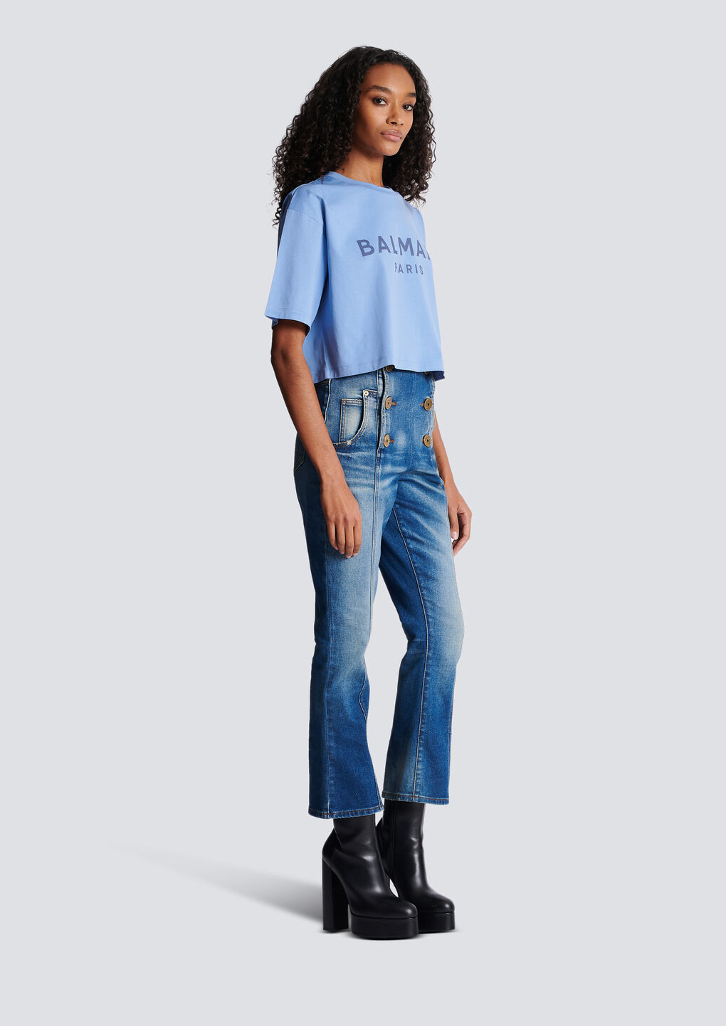 Shop Balmain Cropped Printed Logo T-shirt In Blue
