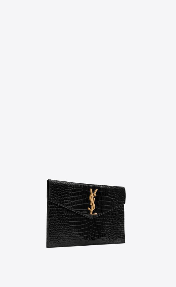Saint Laurent Uptown Crocodile-effect Clutch In Black
