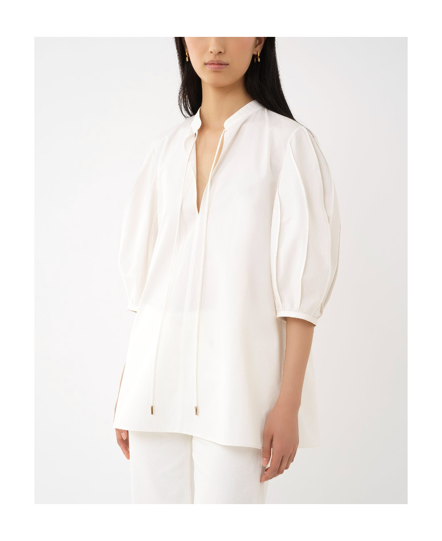 Chloé Cotton Keyhole Puff Sleeve Tie Neck Top In White