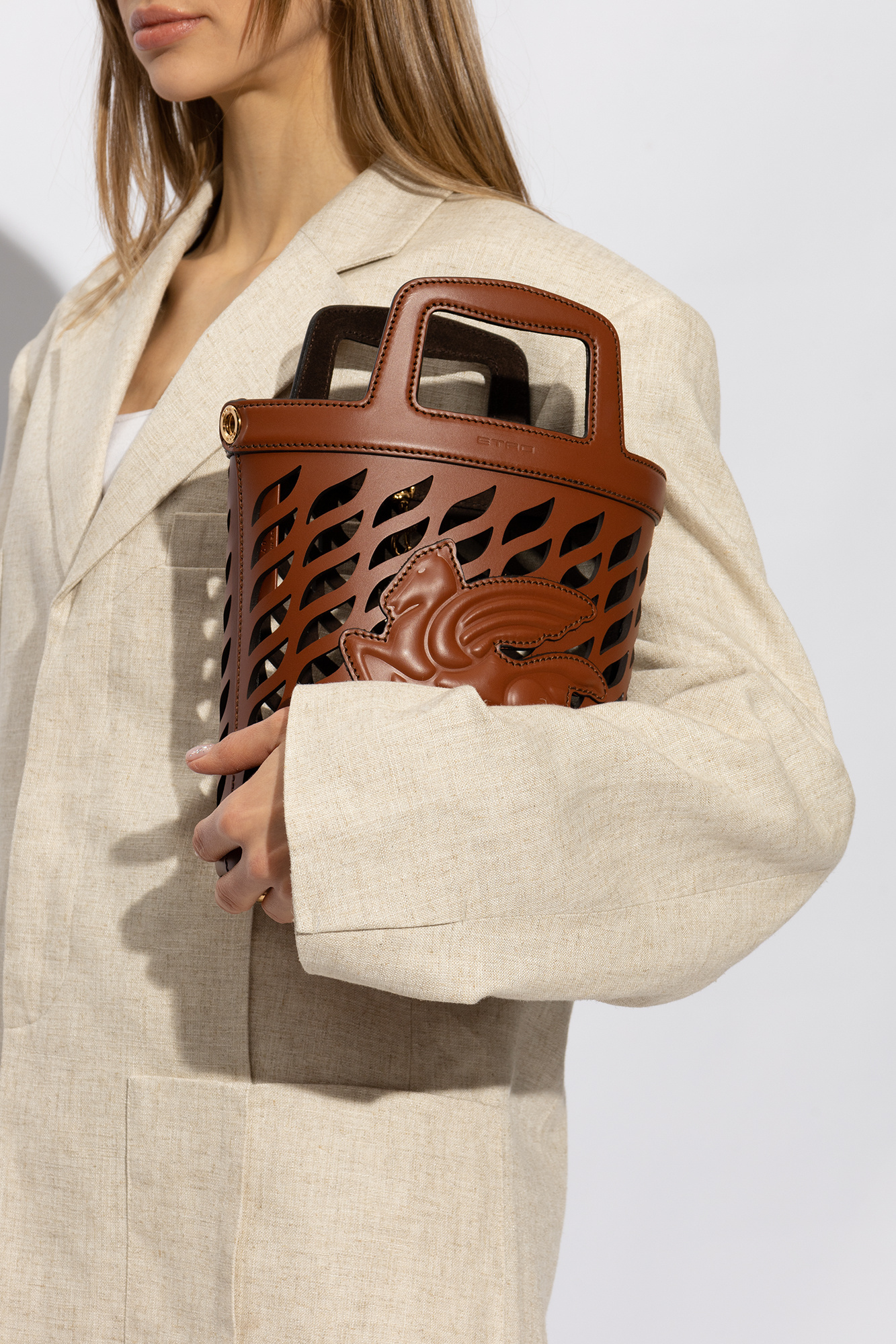 Etro Brown Bucket Bag With Multicolor Shoulder Strap And Pegasus Detail In Perforated Leather In Brown