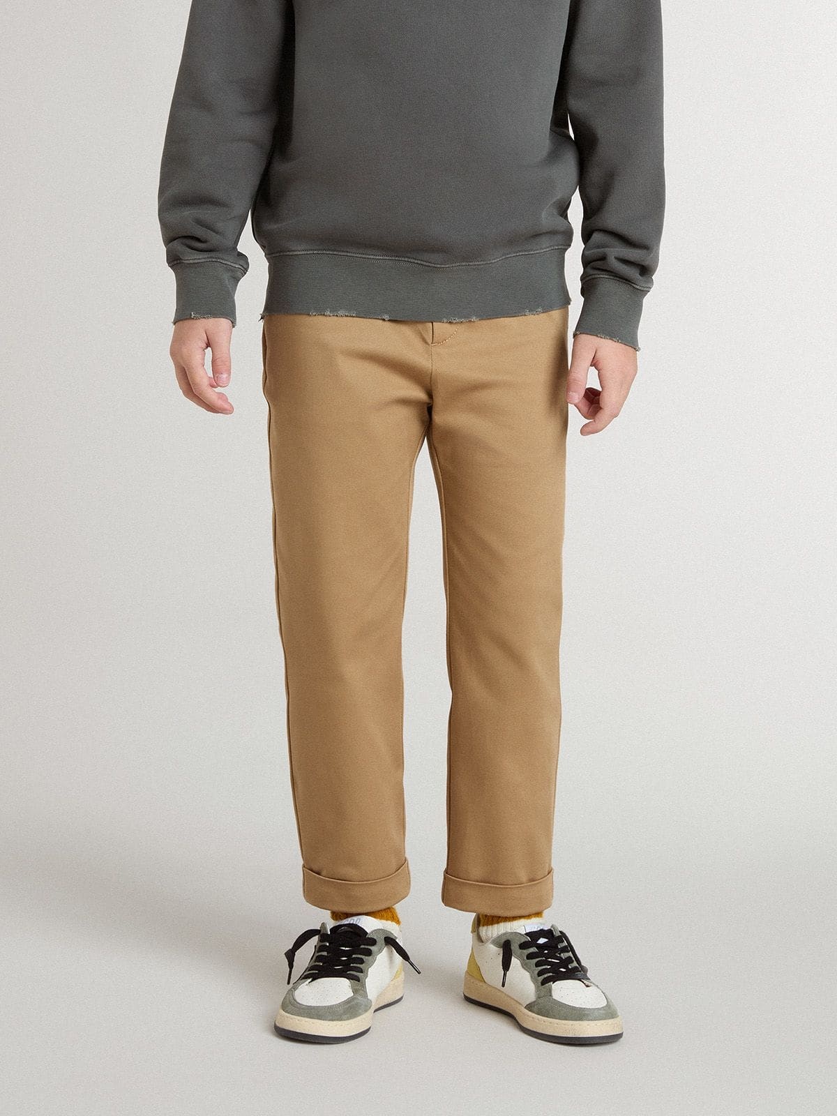 Golden Goose Kids Folded-hem Logo Embroidered Trousers In Brown