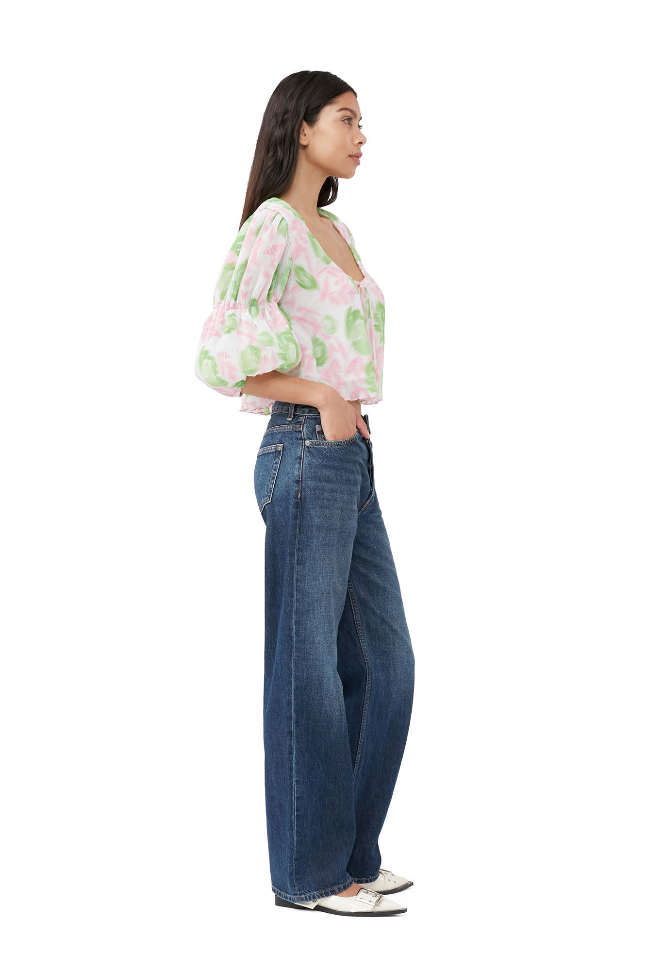 Ganni Short Sleeve Pleated Georgette U-neck Blouse In Pink