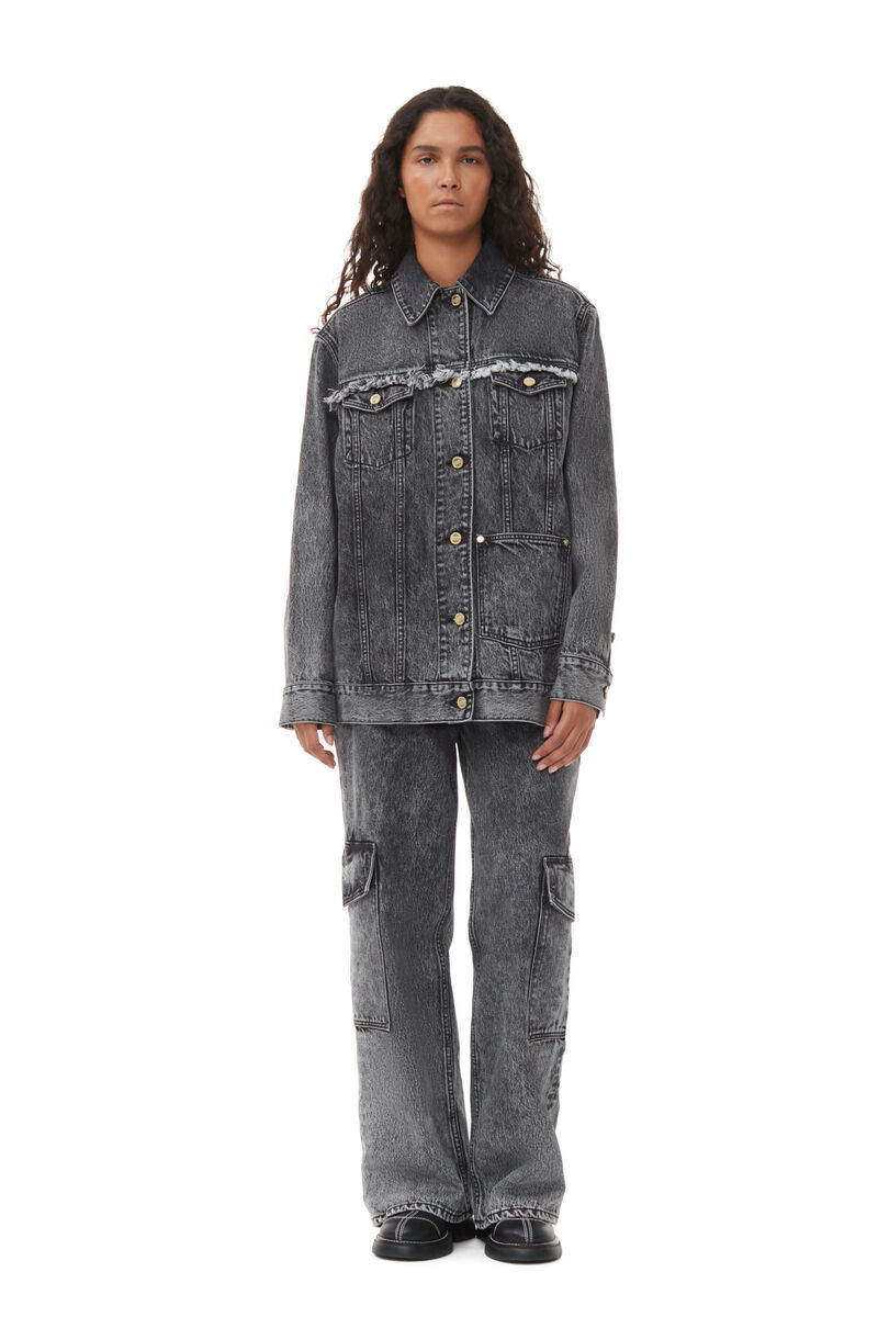 Ganni Snow Washed Denim Oversized Jacket In Black