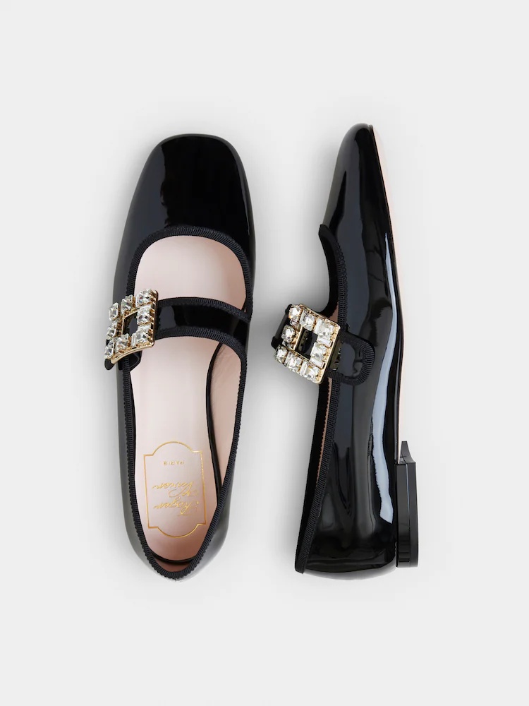 Roger Vivier Très Vivier Strass Babies Crystal-embellished Patent-leather Ballet Flats In Black