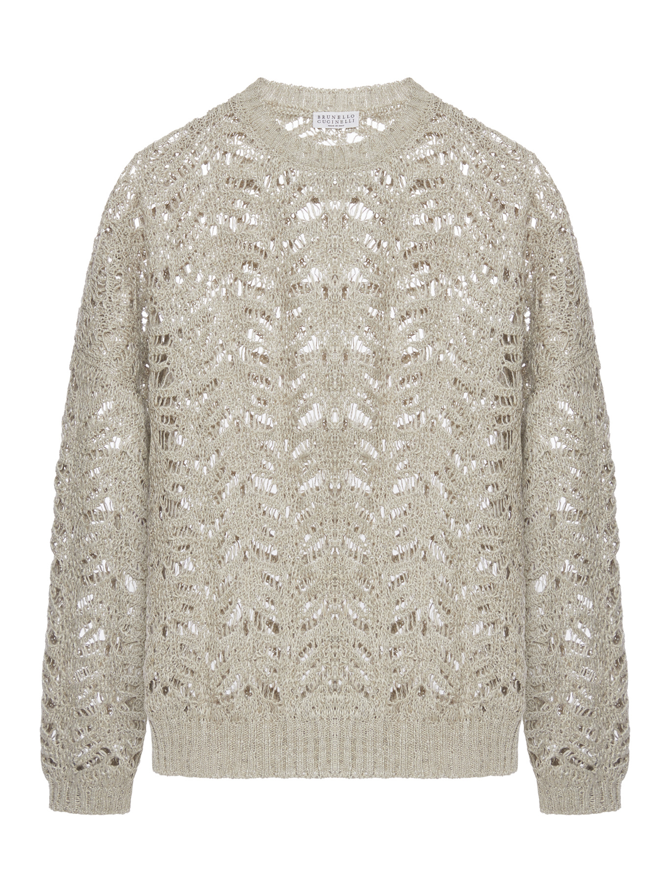 Brunello Cucinelli 'dazzling' Brown Round Neck Sweater With Open Stitch And Beaded Decorations In Nude