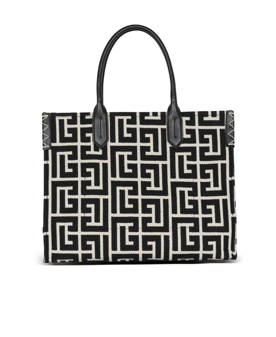 Balmain B-army 42 Monogrammed Jacquard And Leather Tote Bag In Black