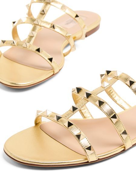 Valentino Garavani Rockstud Laminated Nappa Slide Sandal Woman Antique Brass 41 In Nude