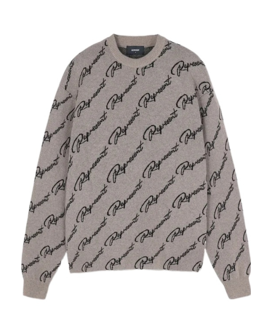 Represent Long-sleeved Jacquard Sweater With Round Neck In Gray