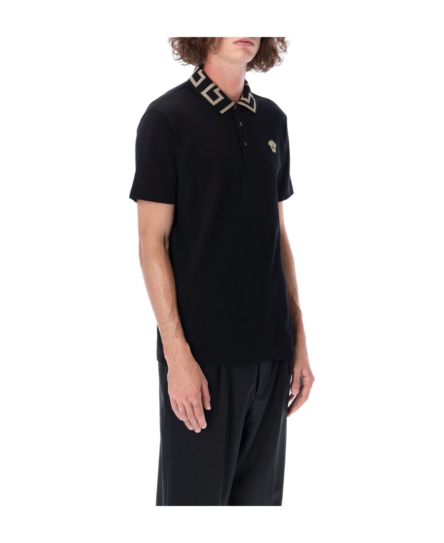 Shop Versace Greca Collar Polo Shirt In Black