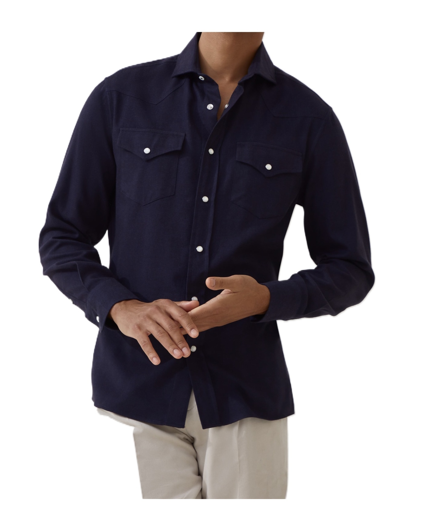 Brunello Cucinelli Stretch Cotton Chevron Flannel Easy Fit Western Shirt In Blue