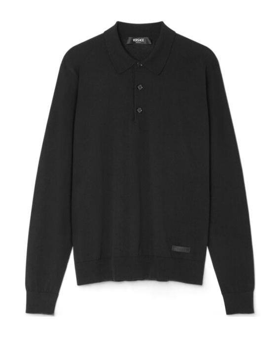 Versace Long-sleeved Silk-blend Polo Shirt In Black