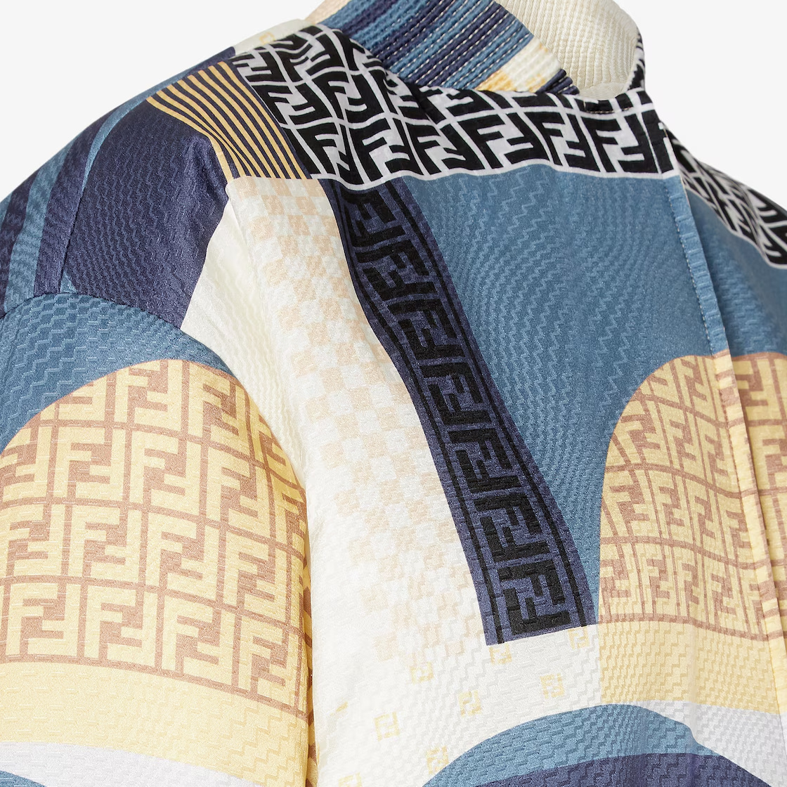 Fendi Blue Silk Reversible Bomber Jacket With Patchwork Print