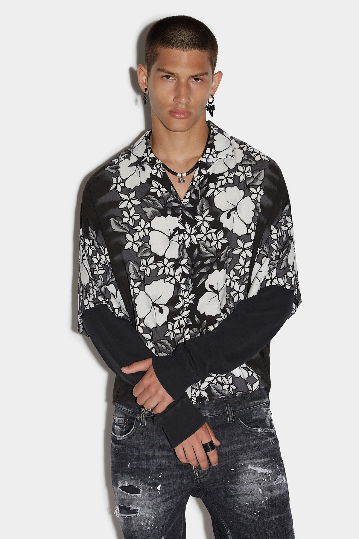 Dsquared2 Double-layered Bowling Shirt With Floral Pattern In Black