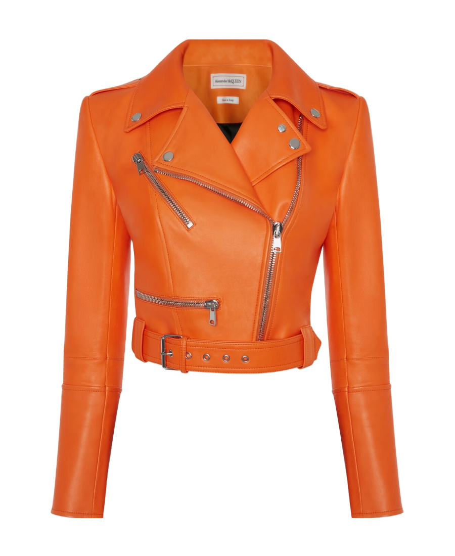 Alexander Mcqueen Smooth Leather Crpd Biker Jkt In Orange