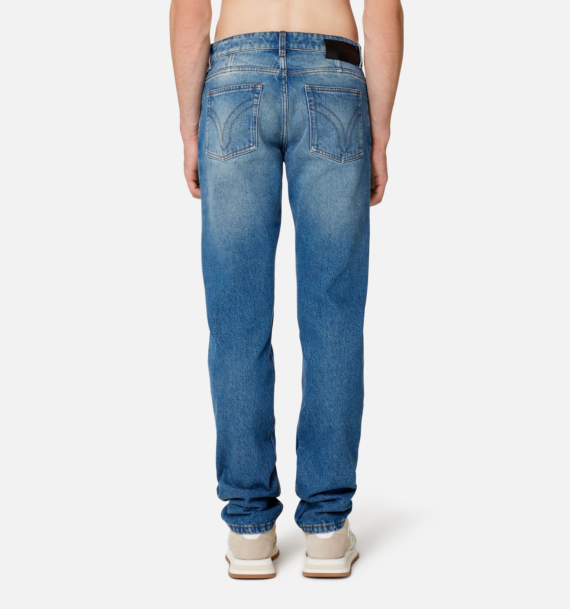 Ami Alexandre Mattiussi Ami Straight-leg Denim Jeans With Faded Blue Wash And Leather Accent