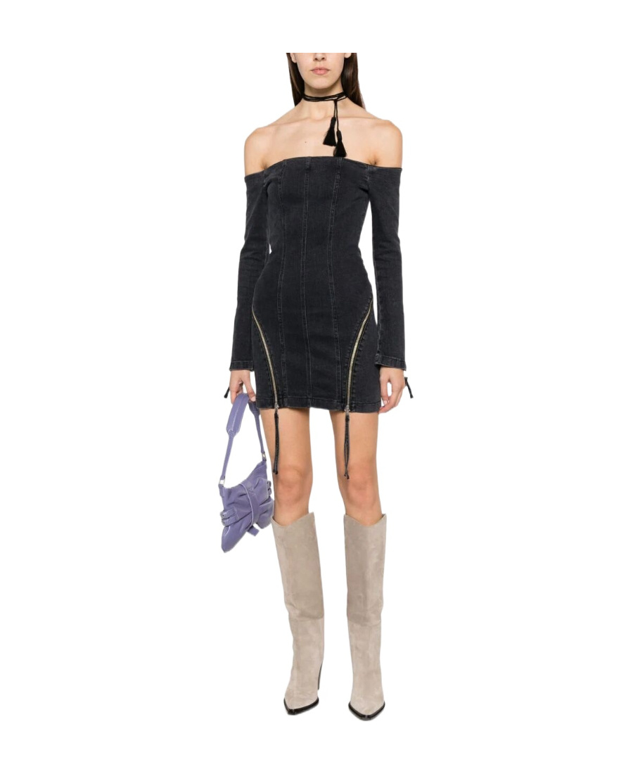 Blumarine Off-shoulder Zip-up Denim Dress In Black