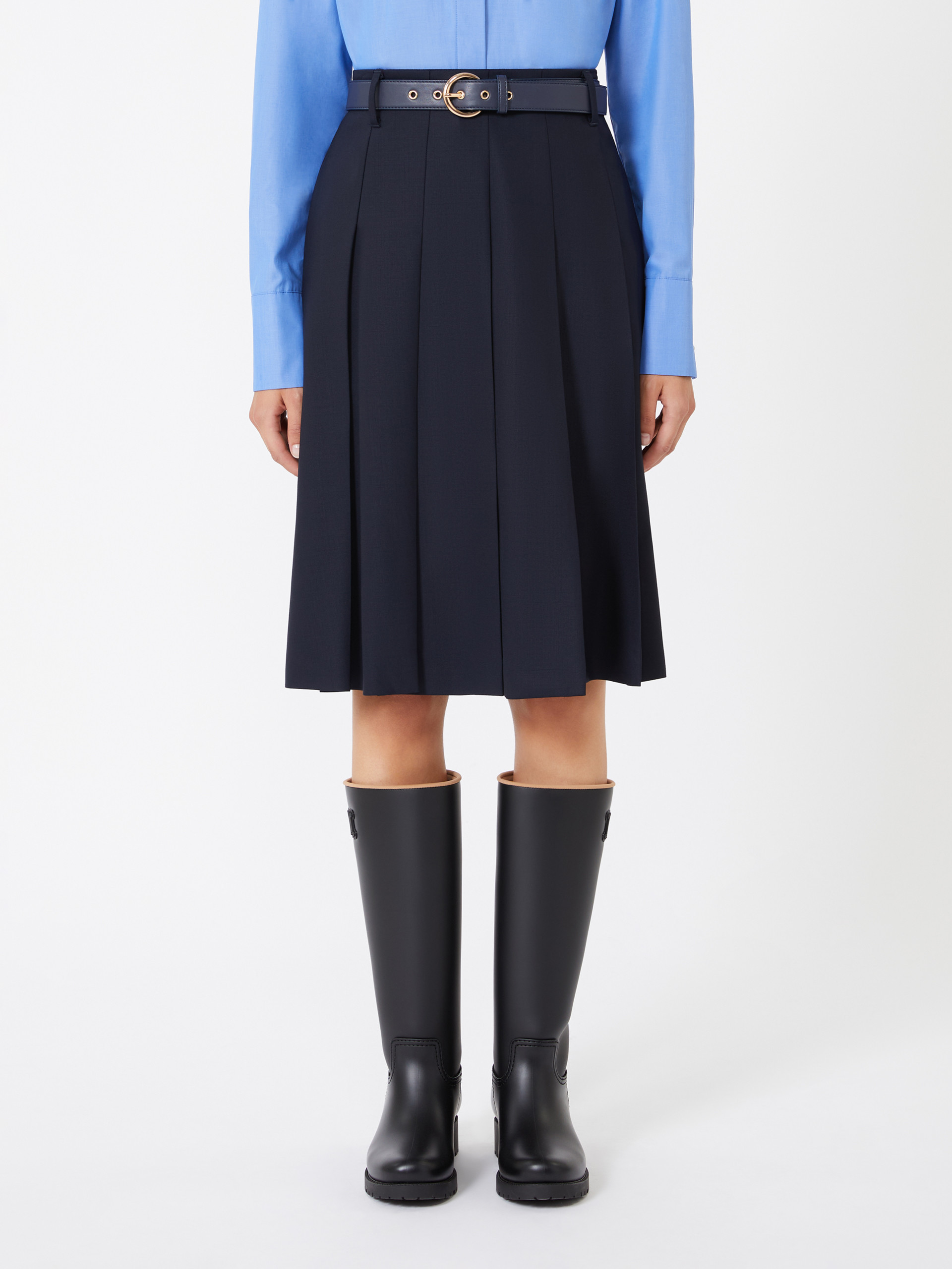 Max Mara Studio Belted Pleated Midi Skirt In Blue