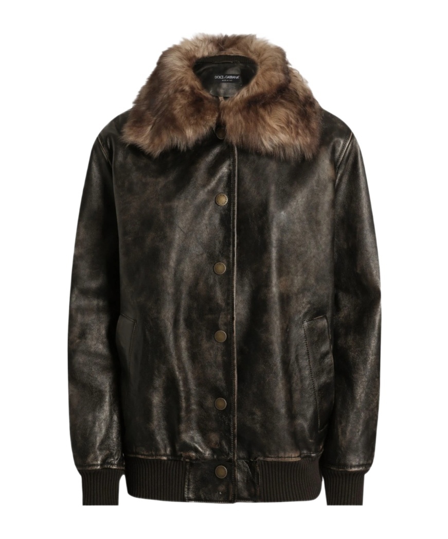 Dolce & Gabbana Shearling-trimmed Leather Bomber Jacket In Brown