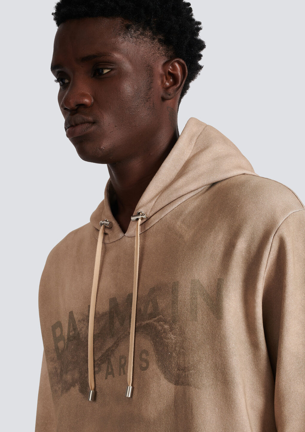 Shop Balmain Hoodie In Eco-responsible Cotton With Paris Desert Logo Print In Nude