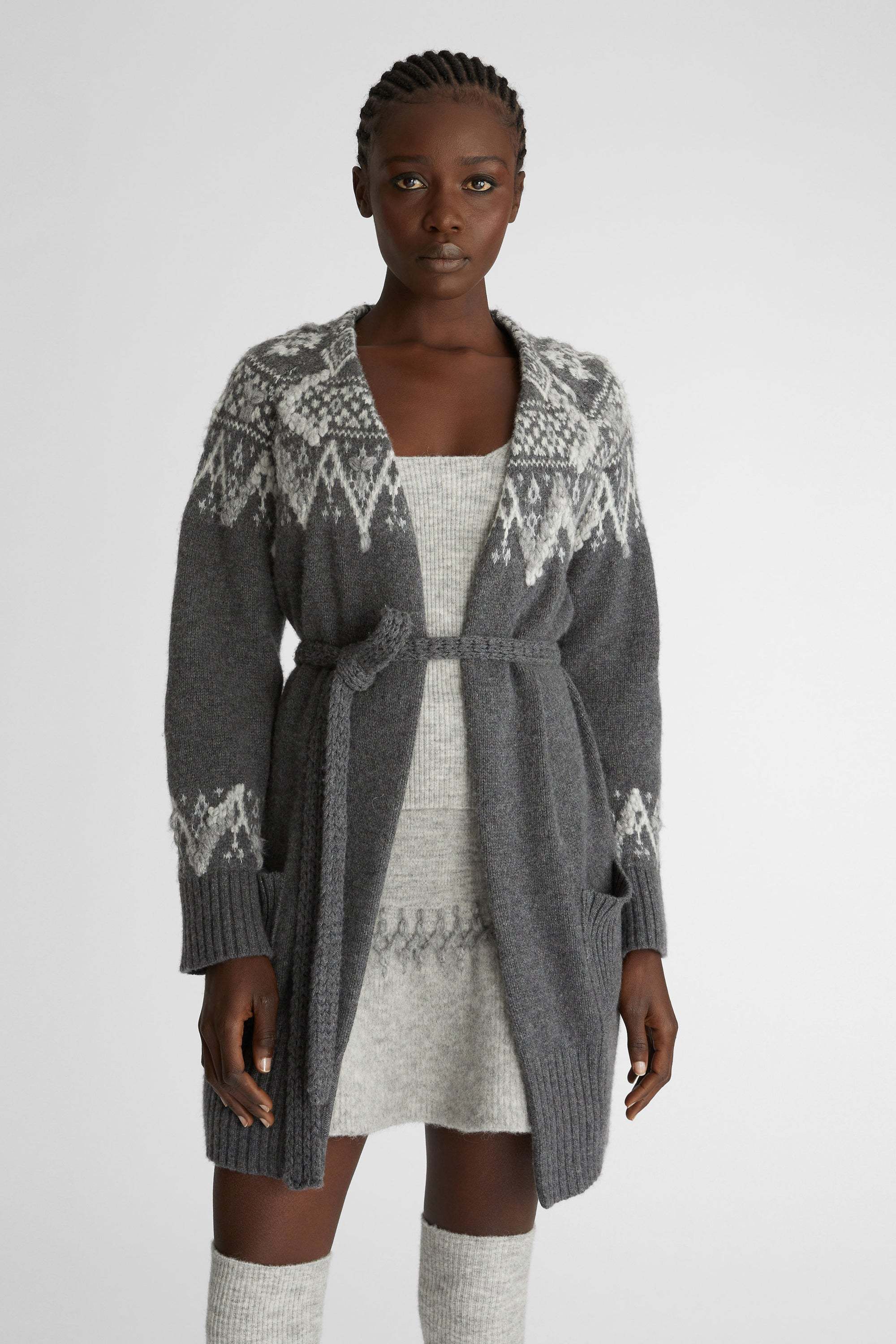 Ermanno Scervino Jacquard Belted Cardigan In Gray