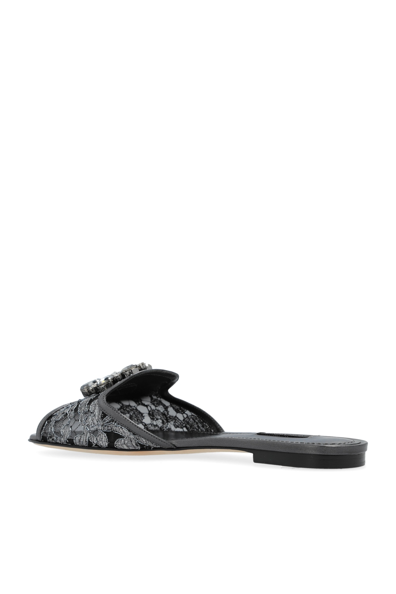 Dolce & Gabbana Crystal Lace Flat Sandals With Floral Overlay In Black