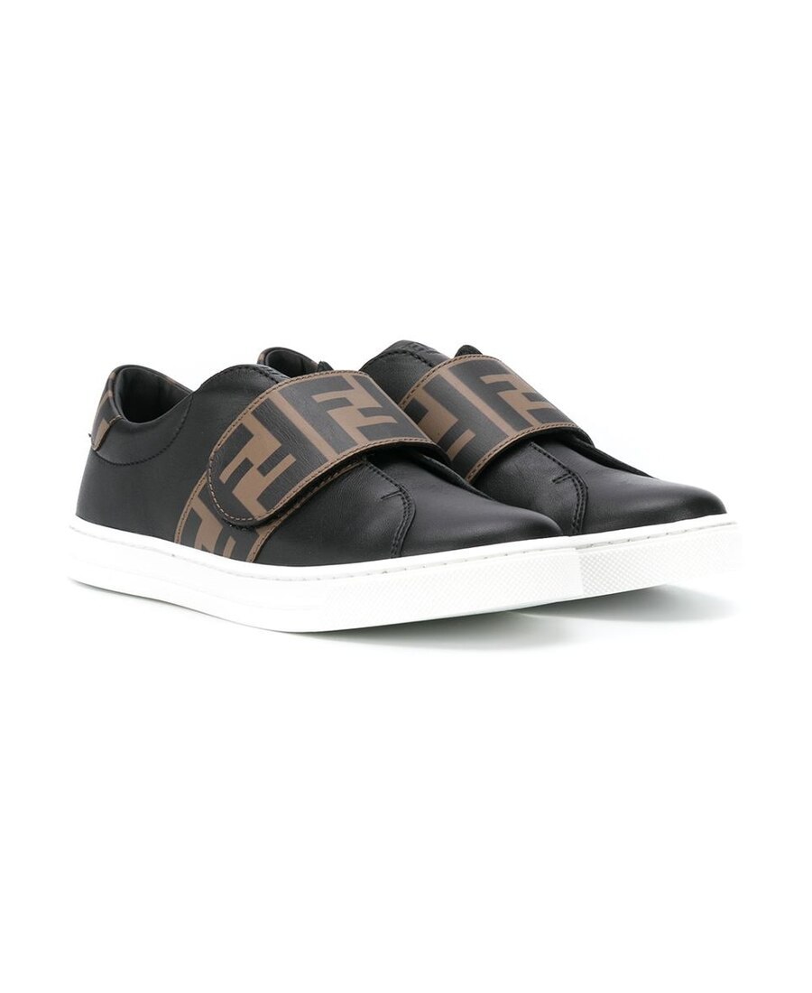 Fendi Kids Monogram Strap Sneakers In Black