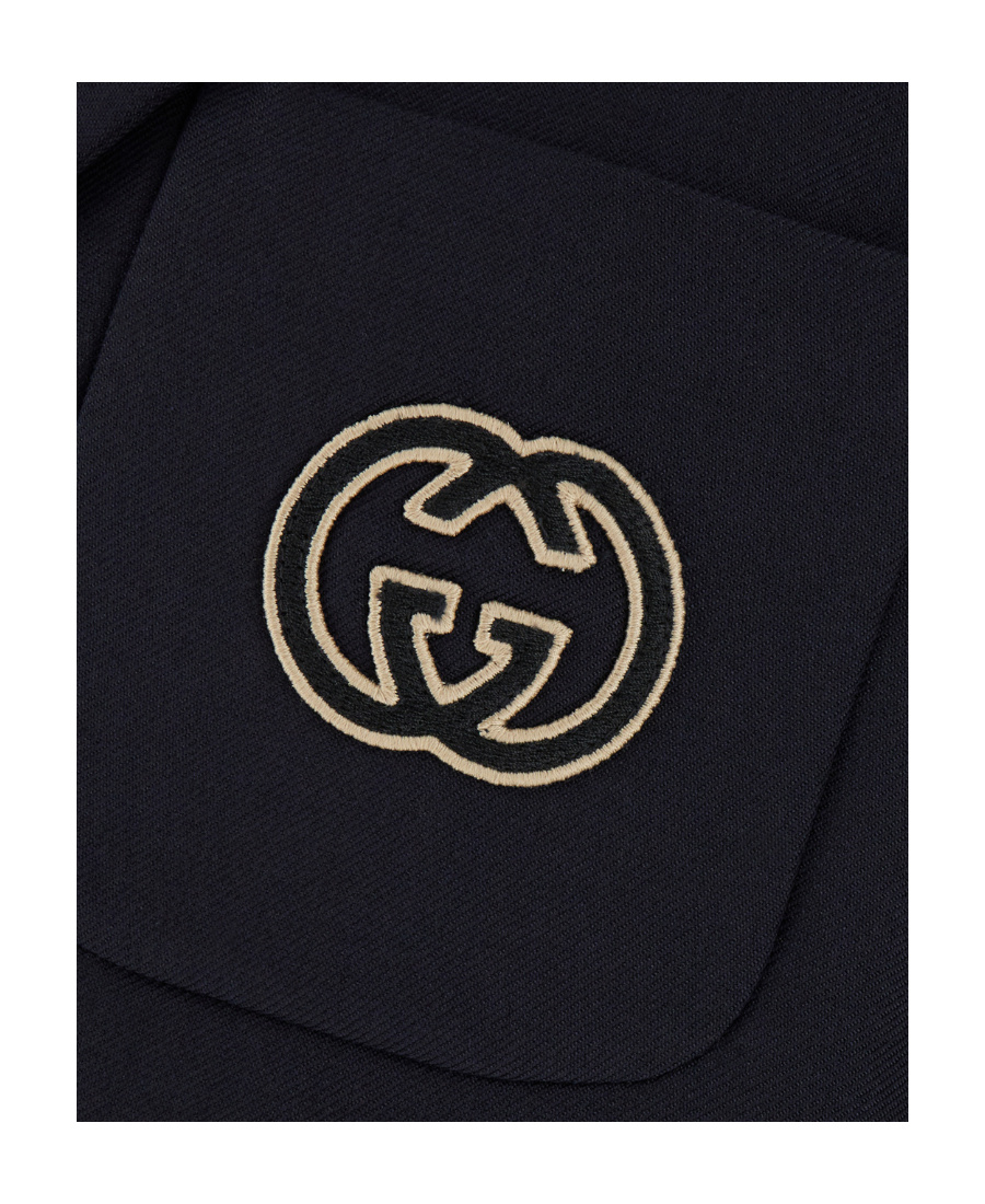 Gucci Wool Blend 3-button Blazer With Embroidered Logo In Blue