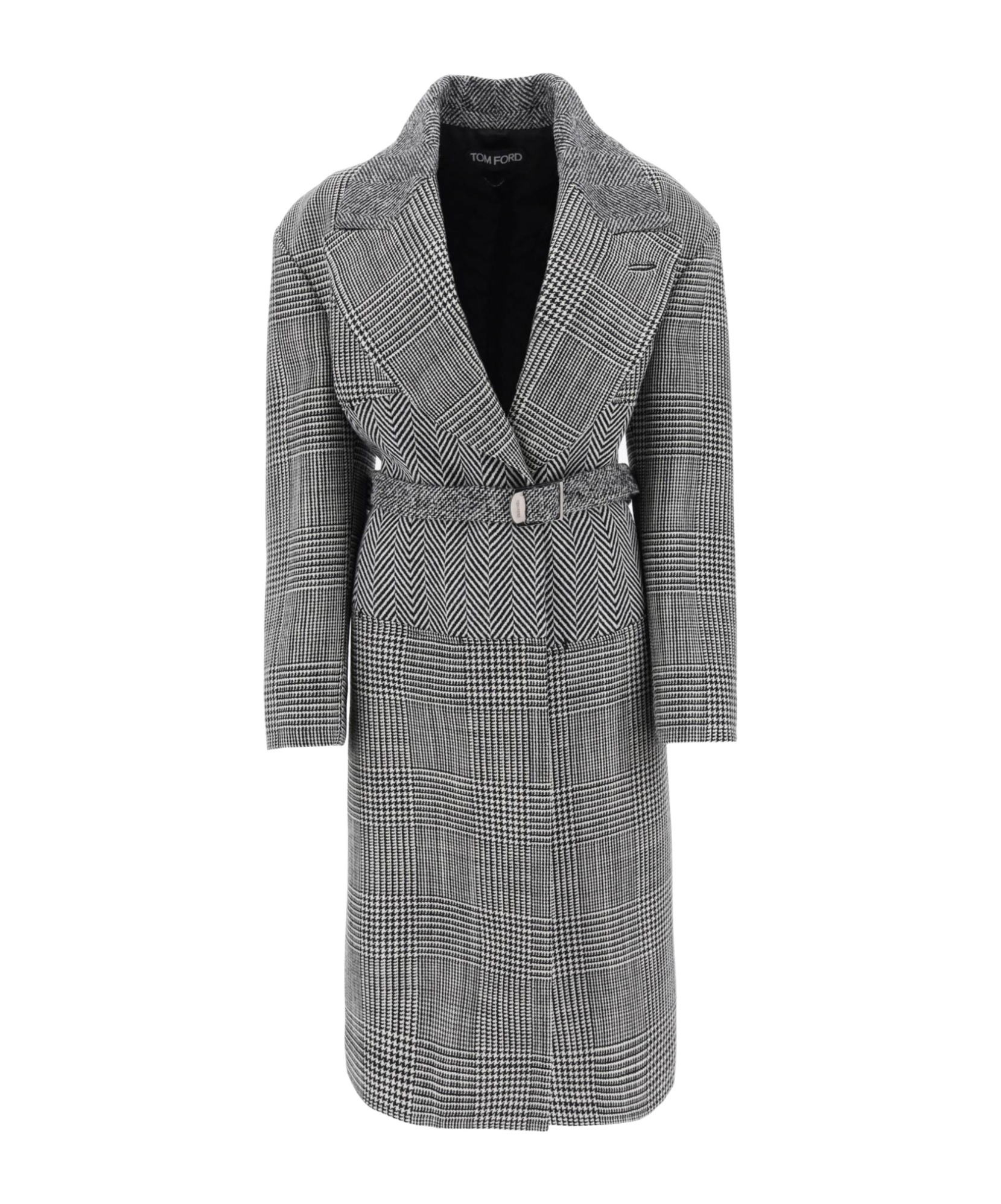 Tom Ford Houndstooth-pattern Straight Hem Belted Coat In Gray
