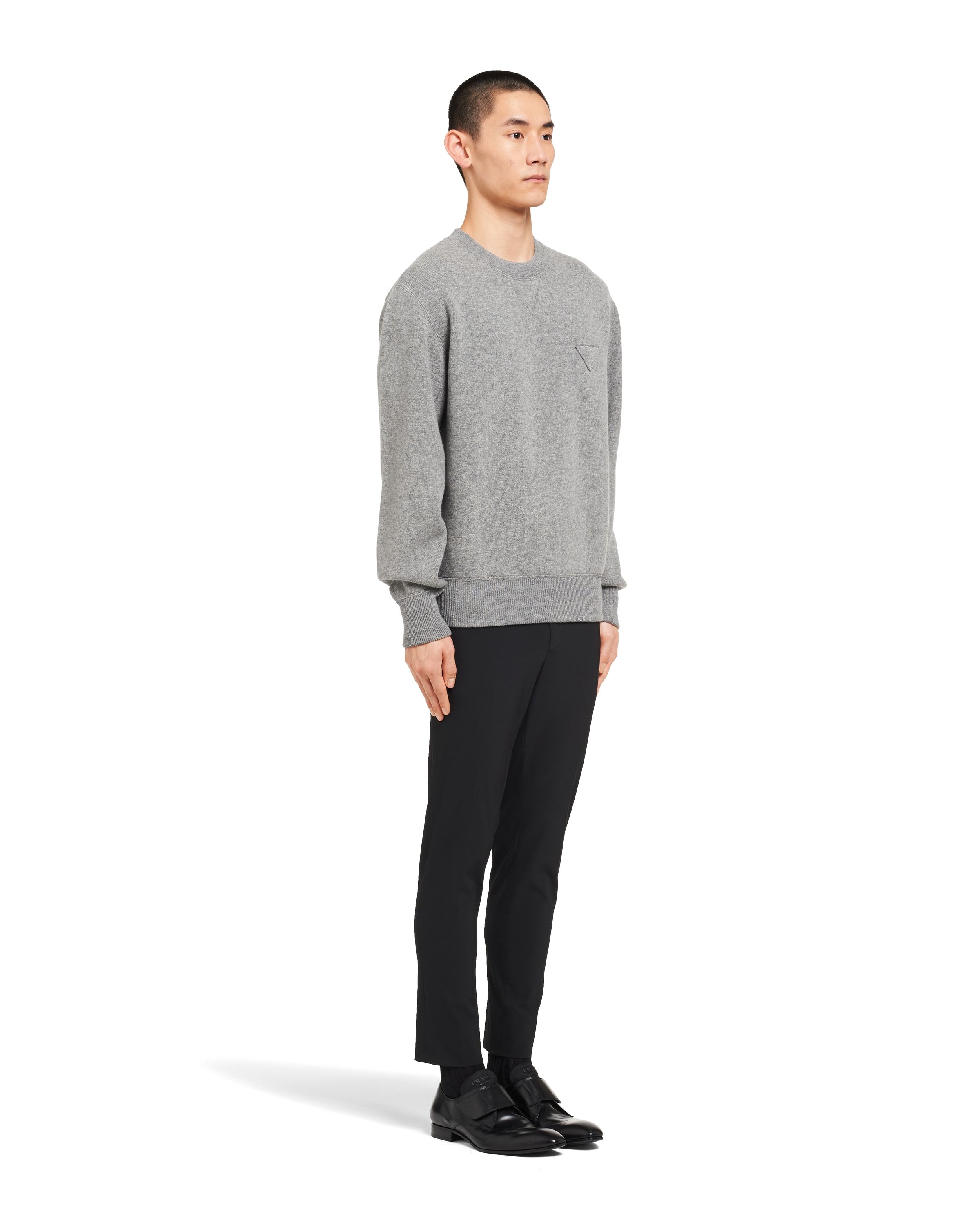 Prada Ribbed Crew-neck Cashmere Blend Sweater In Gray