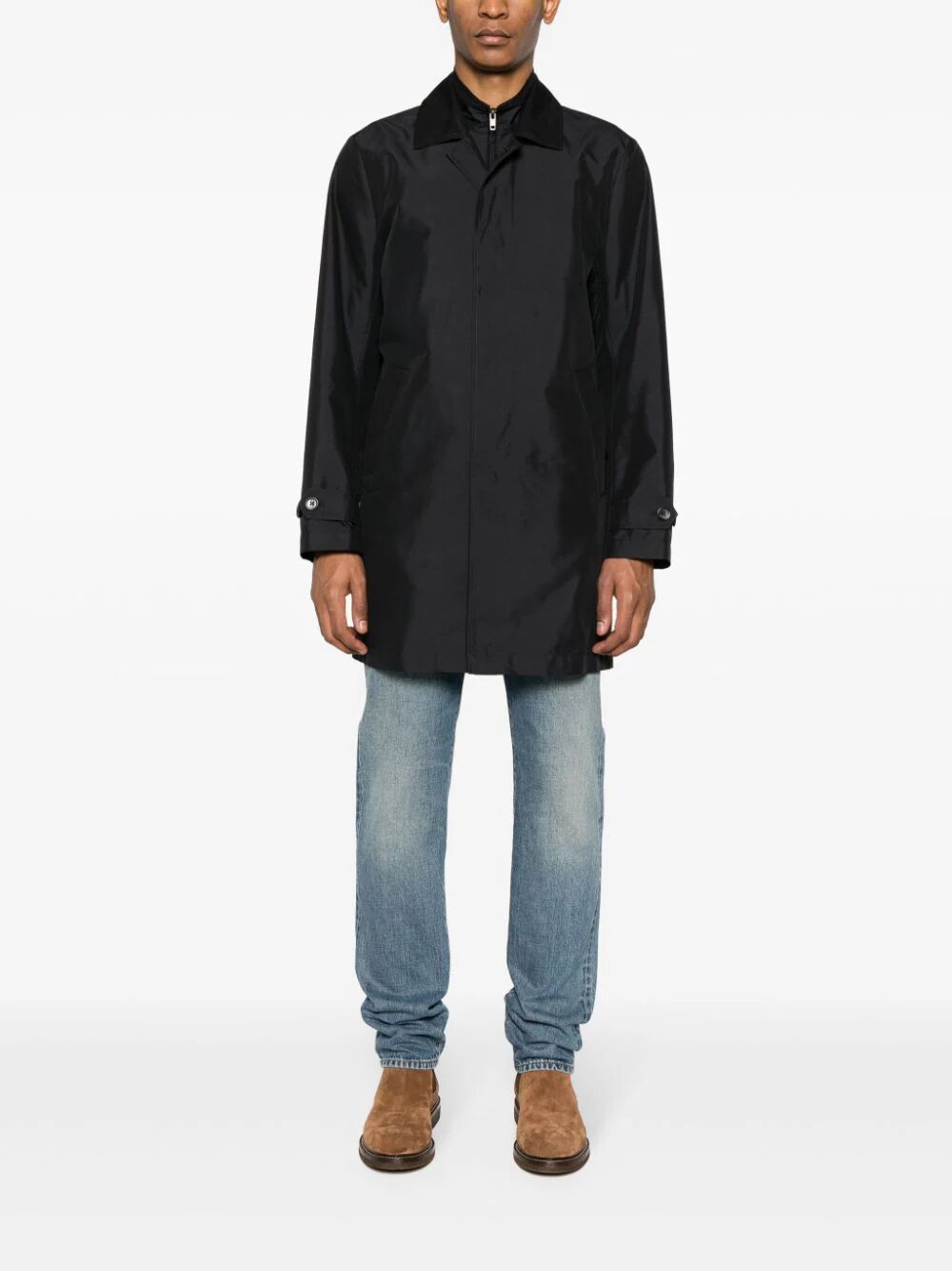 Fay Layered Long Sleeve Buttoned Waterproof Coat In Black