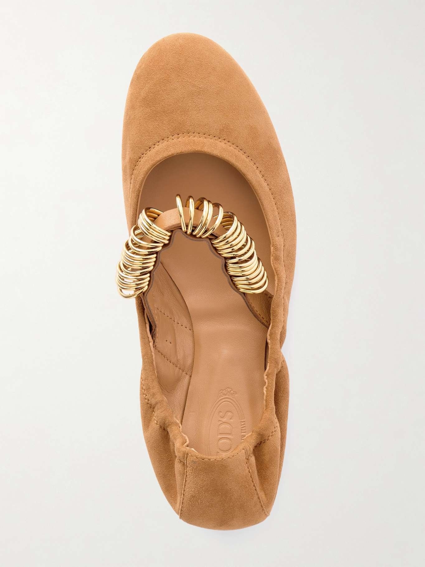 Tod's Ballerina Embellished Leather-trimmed Suede Flats In Brown