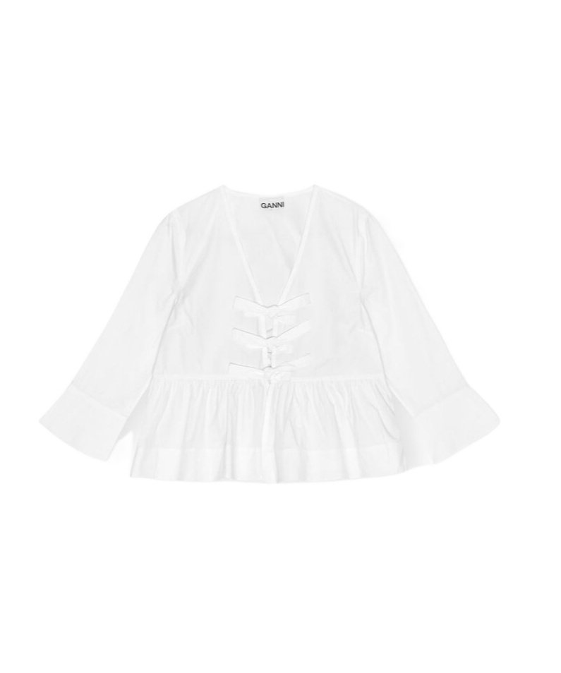 Ganni Bow-detailed Cotton-poplin Peplum Blouse In White