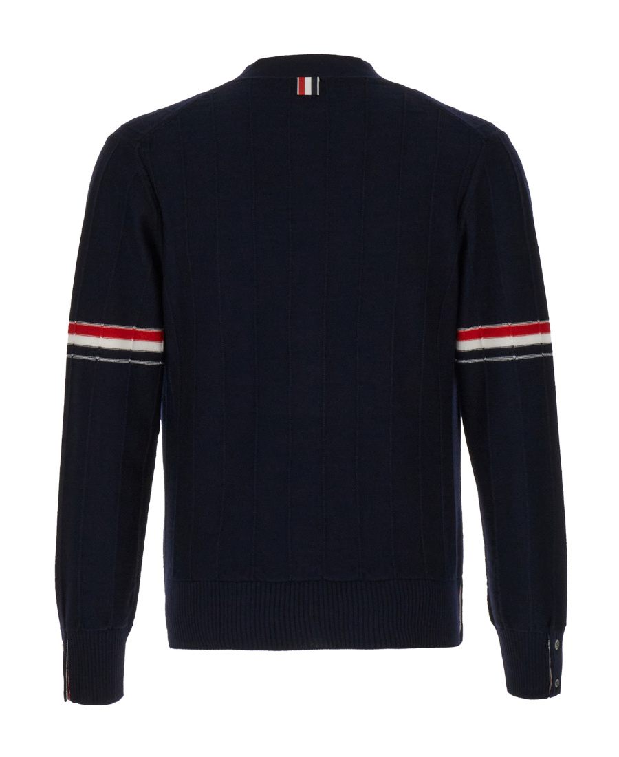Thom Browne Tricolour Stripe Detail V-neck Cotton Cardigan In Blue