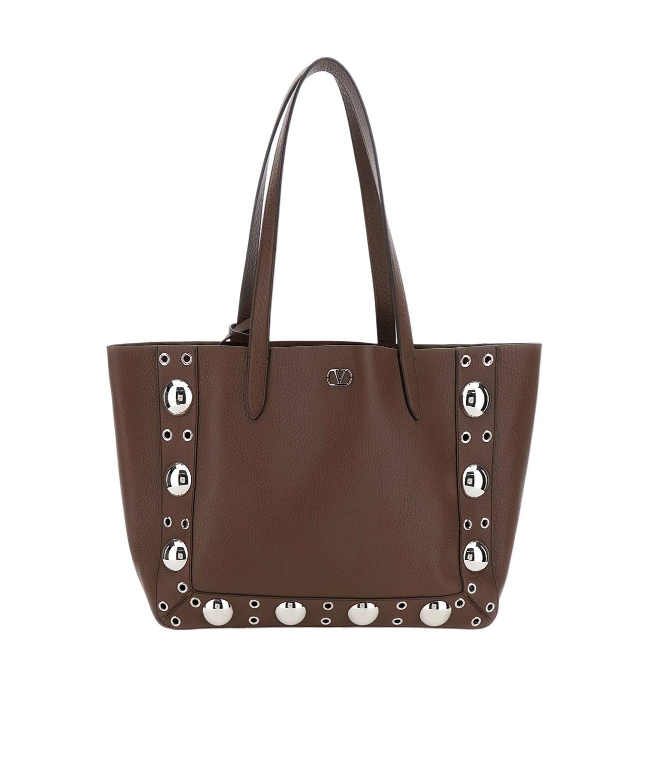 Valentino Medium Leather Tote With Eyelet And Studs In Brown