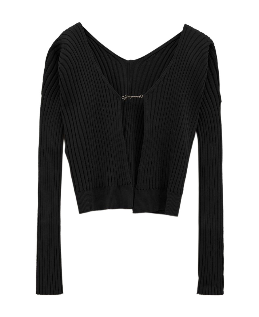Jacquemus 'la Maille Pralu Longue' Black Ribbed Cardigan With Logo Charm Woman In Black