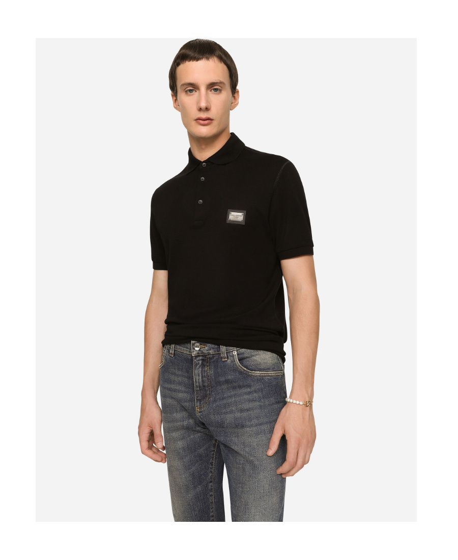 Dolce & Gabbana Dark Gray Logo Plaque Cotton Men Polo Shirt T-shirt In Black