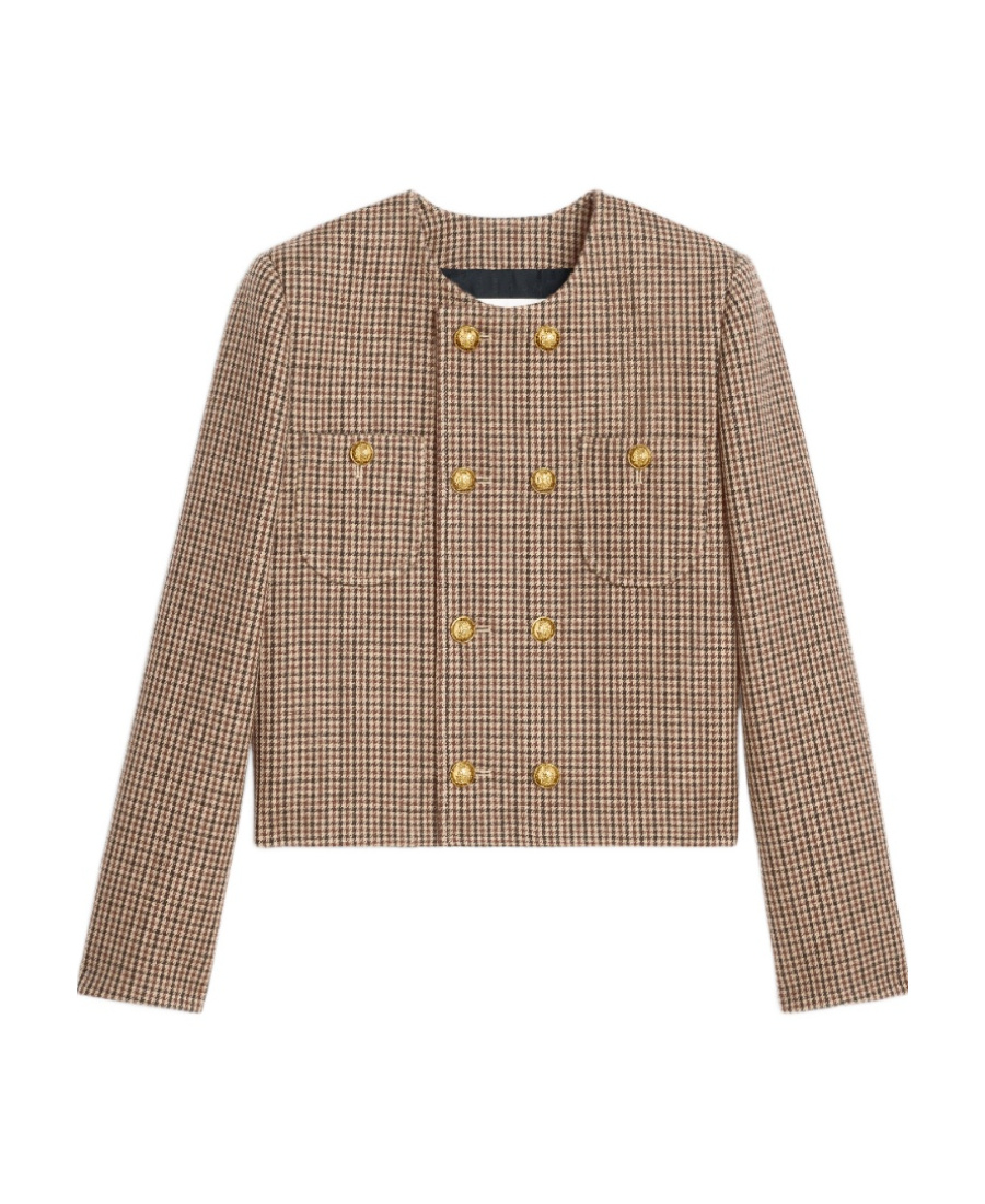 Celine Double Thousand Bird Plaid Wool Jacket In Brown