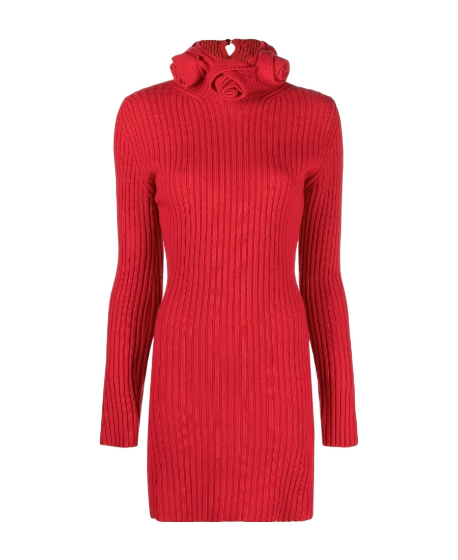 Blumarine Short Knit Dress With 3d Roses In Red