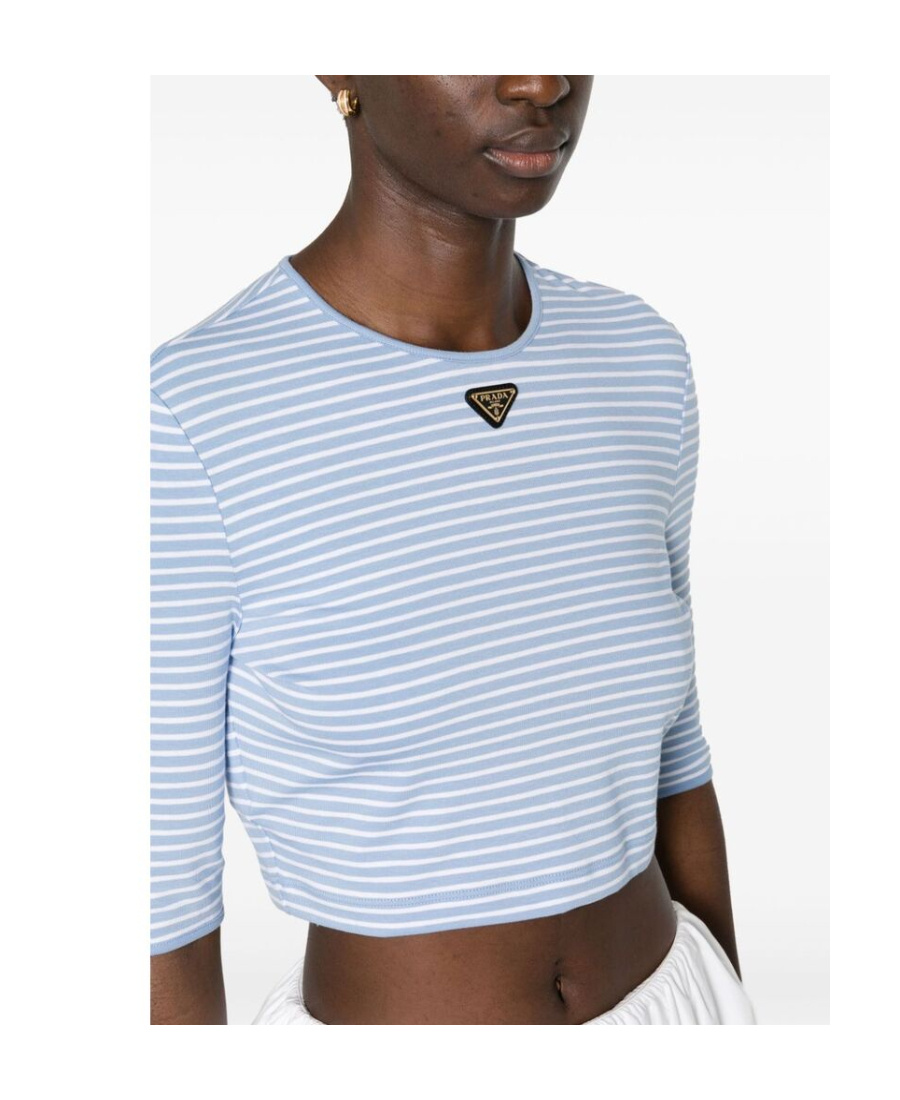 Prada Logo Cotton-blend Crop Top In Blue