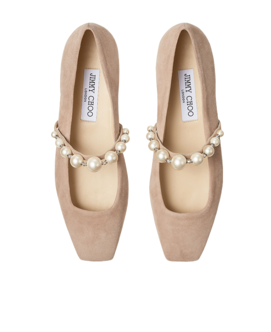 Jimmy Choo Suede Leather Ballerina Flats With Pearl In Nude